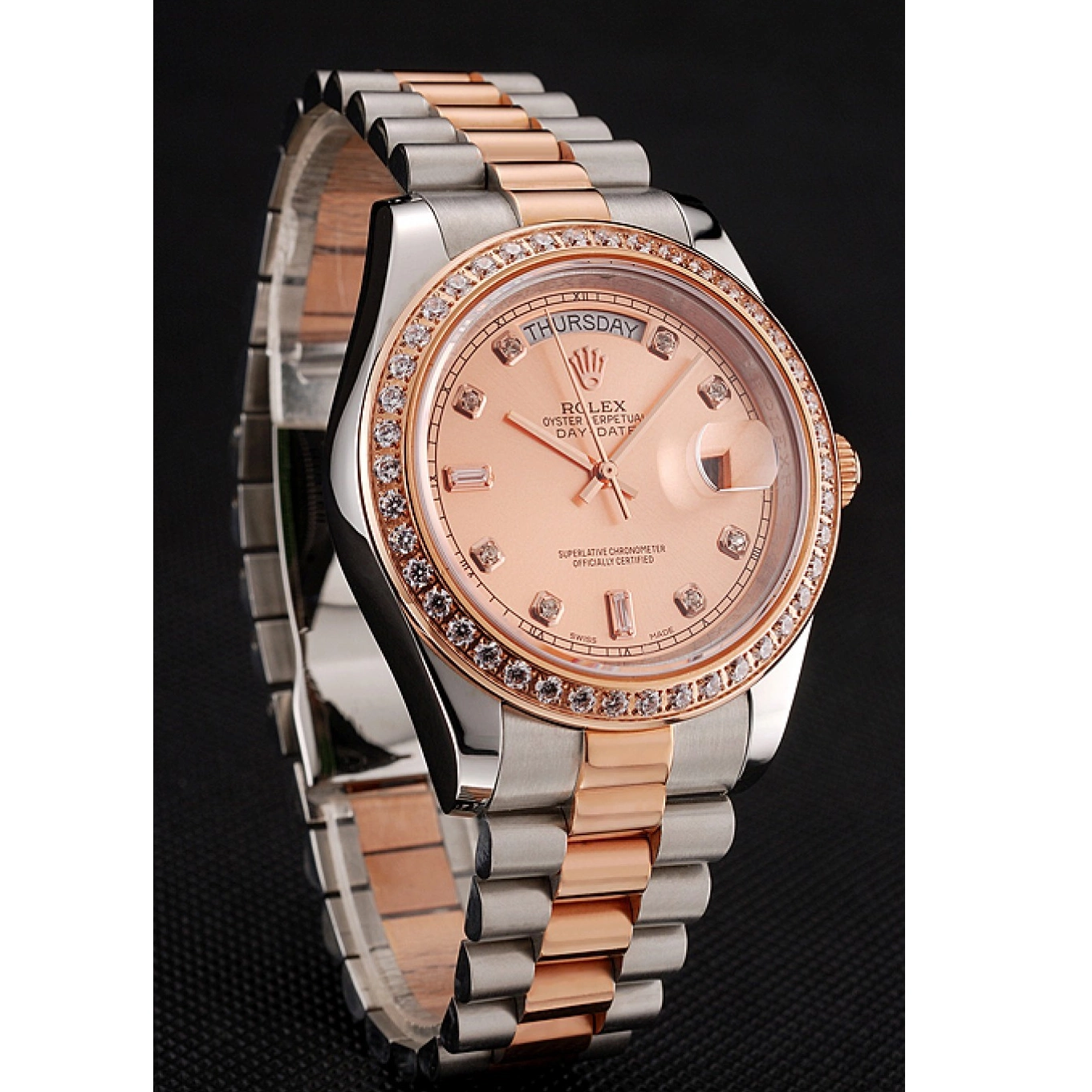 Rolex aaa copy Staineless And Rose Bezel Rolex 1454107 Swiss Bracelet Diamonds Steel Day-Date Gold 0628